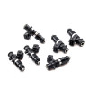 Set of six DeatschWerks EV14 1200cc fuel injectors for Ford Mustang V6, black bodies with electrical connectors visible