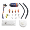Deatschwerks DW810 fuel pump kit with wiring harness, fittings, hose clamps, hoses, and filter socks
