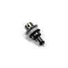 DeatschWerks Honda/Acura in-tank fuel pressure regulator, angled view showing metal cap, O-rings and fitting nipple.