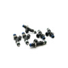DeatschWerks 95lb/hr fuel injectors, set of 6, top angled view showing electrical connectors and O-rings