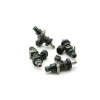 Set of four DeatschWerks 2400cc fuel injectors, black bodies with green O-rings and metal clips, top angled view