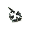 DeatschWerks 2400cc fuel injectors, set of four, arranged in a circle showing top and side angles with green O-rings and electrical connectors