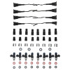 DeatschWerks LS injector kit, set of 8 2400cc/min injectors with wiring harnesses, connectors, clips and O-rings shown top to bottom.