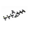 Set of eight DeatschWerks 2400cc fuel injectors arranged in a staggered row, black bodies with connectors visible.