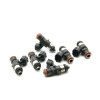 DeatschWerks 2400cc fuel injectors, set of 6, black bodies with orange O-rings, connectors visible