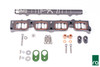 Radium Engineering port injection kit for Focus ST/RS showing fuel rail, manifold plate, hardware and green brackets