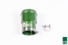 Radium Engineering fuel pump install kit, green anodized housing with hose clamp, angled front view