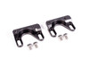 Radium Engineering top feed fuel rail adapters, pair of black billet brackets with mounting bolts, top angle view