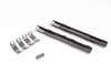 Radium Engineering Nissan VQ fuel rail kit, two black billet rails, mounting clamps and screws, top angled view