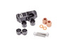 Radium Engineering Mazda 13B top feed fuel rail kit with black anodized body, copper washers, black caps and mounting bolts