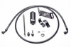 Radium Engineering BMW E9x fuel hanger feed kit with stainless filter, braided lines, mounting bracket and fittings laid out on white background