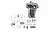 Radium Engineering EVO X fuel hanger kit with DEATSCHWERKS DW400 fittings, hose clamps, connectors and hardware laid out, pump excluded, top view