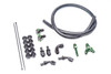 Radium Engineering Fuel Rail Plumbing Kit for GM LSA/LS9, showing hose, green AN fittings, elbows, clamps, and zip ties laid flat.