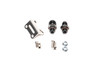 Radium Engineering direct mount regulator remote adapter kit with bracket, two black AN fittings, bolts and nuts laid out on white background