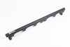 Radium Engineering S54 fuel rail kit for BMW E46 M3, black anodized, angled top view, six injector ports
