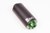 Radium Engineering fuel filter kit, black cylindrical body with green anodized end cap, angled view.