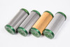 Radium Engineering fuel filters, three stainless mesh and one paper element, green anodized end caps, angled view