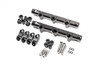Radium Engineering Subaru EZ30 top feed fuel rail kit, two black billet rails with mounting clamps, hardware and fittings laid out