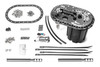 Radium FCST-X surge tank kit, top view showing pump housing, gasket, hardware, brackets, hoses, and fuel pump.