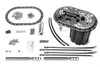 Radium FCST-X surge tank kit, top down view with fuel pump, gasket, hardware, and cable ties laid out