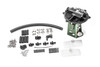 Radium Engineering EVO 7/8/9 fuel hanger kit with mounting hardware, fittings, hose, and filter socks laid out beside pump bracket