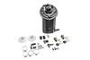 Radium Engineering fuel hanger for Mustang E5LM pumps, top angled view with hose clamps, fittings, hardware kit