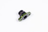 Radium Engineering FPR adapter, green oval flange with 8AN ORB male fitting, angled top view
