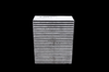 Garrett air to air intercooler core, front angled view showing stacked cooling fins, black background