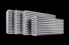 Garrett Focus ST intercooler CAC core, four sizes shown side by side, front angled view of stacked cooling fins