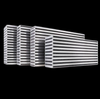 Garrett bar and plate air to air intercooler, four core sizes shown at an angle, ribbed aluminum fin detail