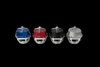 Garrett GVB-50A 50mm VTA BOV in black, blue, red, and silver, front angled view showing flange and top valve
