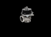 Garrett GVW-45 45mm wastegate kit, black actuator top, steel V-band base, angled side view