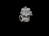 Garrett GVW-50 50mm wastegate kit in silver, angled view showing flanged inlet and top actuator cap