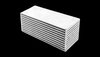 Vibrant 12x5x5in water to air intercooler core, angled view showing stacked cooling fins and end tanks