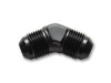 Vibrant black anodized 45 degree flare union adapter fitting, -3 AN, threaded male ends on both sides.