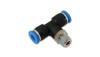 Vibrant male tee push to connect fitting, 1/4in tube, 1/8in NPT threaded branch, black and blue body