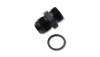 Vibrant -8AN male flare to 4AN ORB male straight adapter, black anodized, shown at an angle with rubber O-ring beside it