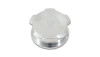 Vibrant polished aluminum threaded cap for 1.5in OD weld bung, angled top view showing scalloped grip edges