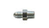 Vibrant steel adapter fitting, -3AN flare end and 1/8in NPT threaded end, hex nut center, side view