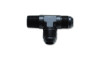 Vibrant -6AN x 1/4in NPT tee adapter, black anodized aluminum, two flare ends and one NPT pipe end.