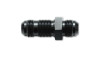 Vibrant -12AN flare straight bulkhead adapter fitting, black aluminum, side view with silver hex nut in center