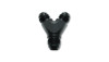 Vibrant Y-adapter fitting, black anodized aluminum, -12AN inlet splitting into two -8AN outlets, front angle view.