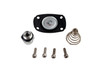 Aeromotive carb regulator repair kit showing diaphragm, fitting, spring, and four hex screws laid out flat.