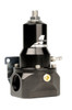 Aeromotive fuel pressure regulator, black anodized body with AN-10 ports and adjustment knob, front angled view