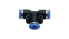 Vibrant Union Tee pneumatic vacuum fitting, black plastic body with blue push to connect ports for 3/8in tubing