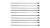 Vibrant stainless steel cable ties, 14.5in long, ten straight metal straps shown in a stacked row, top view