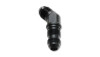 Vibrant -10AN bulkhead adapter, 45 degree elbow fitting in anodized black, both AN threaded ends visible