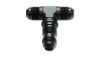 Vibrant -8AN bulkhead adapter tee fitting in anodized black, front angle showing three male flare ports.