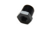 Vibrant black anodized pipe adapter, hex body with threaded male NPT end, angled view showing both openings