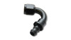 Vibrant black anodized 120 degree push on hose end elbow fitting, 6AN swivel nut and barbed hose end visible